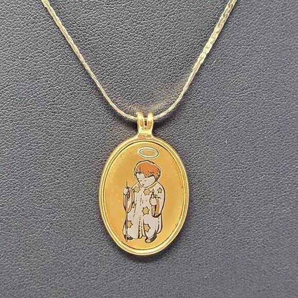 Vintage Signed First Christmas Angel Pendant Berta Hummel Gold Tone Necklace - Picture 9 of 10